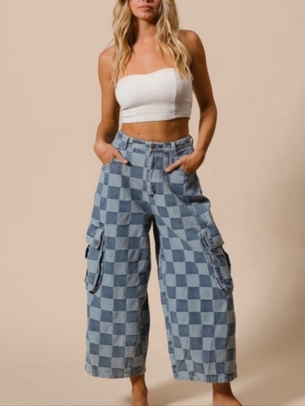 BiBi Blue Checkerboard Denim Cargo Jeans Size XL Skatecore Y2K Grunge